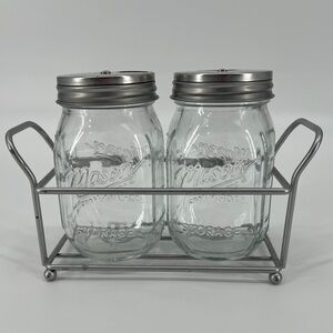 Mason Style Glass Salt Pepper Shakers Set with Metal Rack Farmhouse Table Decor